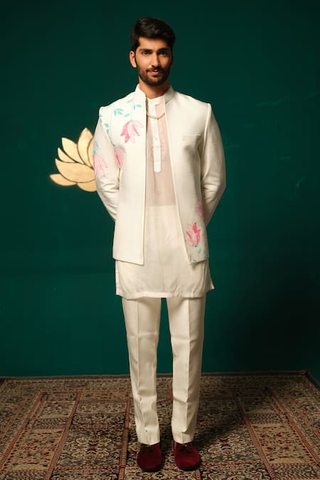 Shop Niloufer By Aasif Ally White Silk Hand-painted Lotus Motif Nehru Jacket Kurta Set Online at Aza Fashions Shop_Niloufer By Aasif Ally_White Silk Hand-painted Lotus Motif Nehru Jacket Kurta Set _Online_at_Aza_Fashions