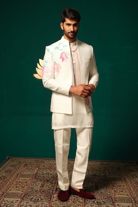 Niloufer By Aasif Ally Hand-Painted Lotus Motif Nehru Jacket Kurta Set 