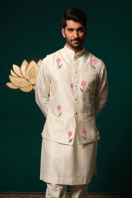 Niloufer By Aasif Ally White Silk Embroidery, Stones Hand-painted Tulip Nehru Jacket Kurta And Pant Set Online at Aza Fashions Niloufer By Aasif Ally_White Silk Embroidery, Stones Hand-painted Tulip Nehru Jacket Kurta And Pant Set _Online_at_Aza_Fashions