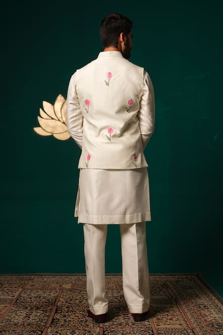Shop Niloufer By Aasif Ally White Silk Embroidery, Stones Hand-painted Tulip Nehru Jacket Kurta And Pant Set at Aza Fashions Shop_Niloufer By Aasif Ally_White Silk Embroidery, Stones Hand-painted Tulip Nehru Jacket Kurta And Pant Set _at_Aza_Fashions