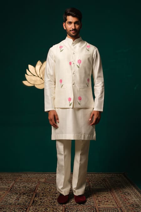 Buy Niloufer By Aasif Ally White Silk Embroidery, Stones Hand-painted Tulip Nehru Jacket Kurta And Pant Set Online at Aza Fashions Buy_Niloufer By Aasif Ally_White Silk Embroidery, Stones Hand-painted Tulip Nehru Jacket Kurta And Pant Set _Online_at_Aza_Fashions