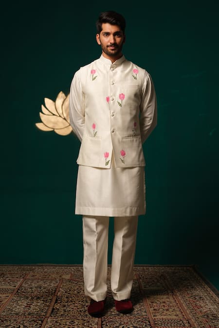 Niloufer By Aasif Ally Hand-Painted Tulip Nehru Jacket Kurta & Pant Set 