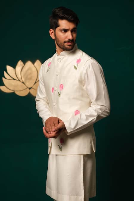 Niloufer By Aasif Ally White Silk Embroidery, Stones Hand-painted Tulip Nehru Jacket Kurta And Pant Set at Aza Fashions Niloufer By Aasif Ally_White Silk Embroidery, Stones Hand-painted Tulip Nehru Jacket Kurta And Pant Set _at_Aza_Fashions