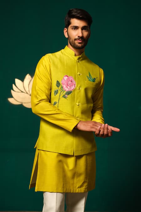 Niloufer By Aasif Ally_Yellow Silk Embroidery Hand-painted Floral Nehru Jacket Kurta Set _Online_at_Aza_Fashions