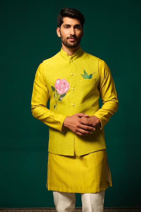 Buy_Niloufer By Aasif Ally_Yellow Silk Embroidery Hand-painted Floral Nehru Jacket Kurta Set _Online_at_Aza_Fashions