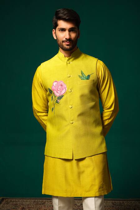 Niloufer By Aasif Ally_Yellow Silk Embroidery Hand-painted Floral Nehru Jacket Kurta Set _at_Aza_Fashions