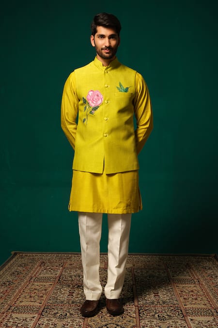 Buy_Niloufer By Aasif Ally_Yellow Silk Embroidery Hand-painted Floral Nehru Jacket Kurta Set 