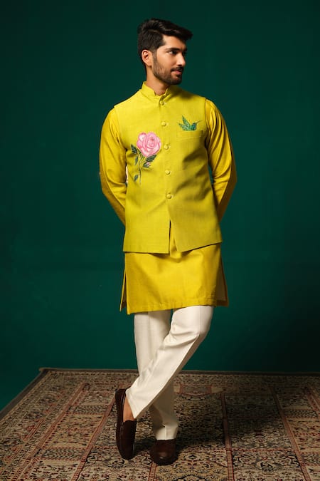 Niloufer By Aasif Ally Hand-Painted Floral Nehru Jacket Kurta Set 