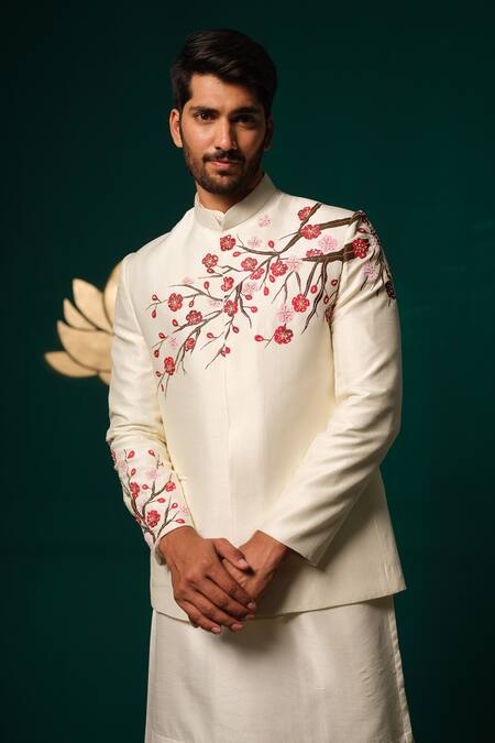 Niloufer By Aasif Ally_White Silk Embroidery Hand-painted Floral Nehru Jacket Kurta And Pant _Online_at_Aza_Fashions