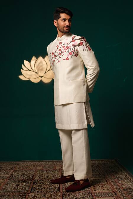 Shop_Niloufer By Aasif Ally_White Silk Embroidery Hand-painted Floral Nehru Jacket Kurta And Pant _Online_at_Aza_Fashions