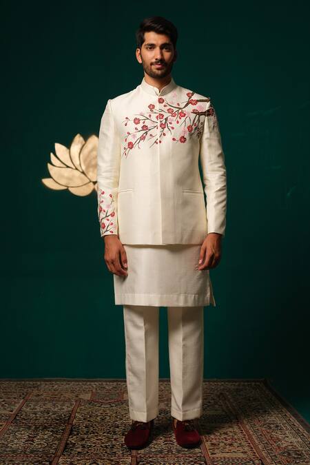 Niloufer By Aasif Ally_White Silk Embroidery Hand-painted Floral Nehru Jacket Kurta And Pant _at_Aza_Fashions
