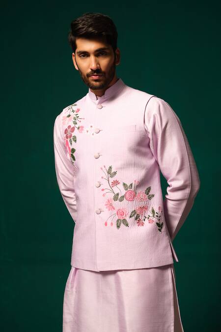 Niloufer By Aasif Ally_Purple Silk Embroidery, Stones Hand-painted Floral Nehru Jacket Kurta Set _Online_at_Aza_Fashions