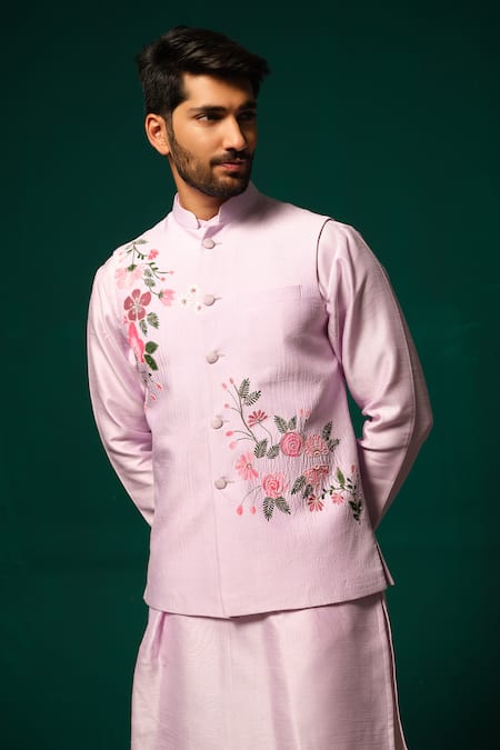 Buy_Niloufer By Aasif Ally_Purple Silk Embroidery, Stones Hand-painted Floral Nehru Jacket Kurta Set _Online_at_Aza_Fashions