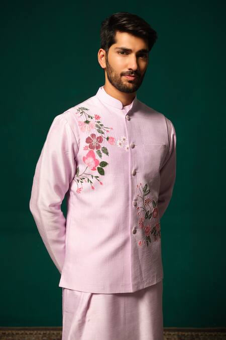 Shop_Niloufer By Aasif Ally_Purple Silk Embroidery, Stones Hand-painted Floral Nehru Jacket Kurta Set _Online_at_Aza_Fashions