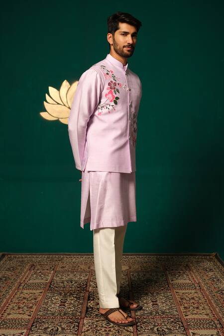 Buy_Niloufer By Aasif Ally_Purple Silk Embroidery, Stones Hand-painted Floral Nehru Jacket Kurta Set 