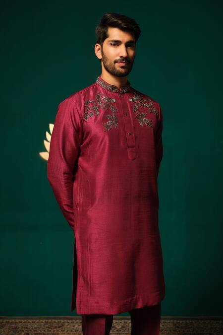 Buy_Niloufer By Aasif Ally_Maroon Silk Embroidery Zardozi Handwork Kurta And Pant Set _Online_at_Aza_Fashions