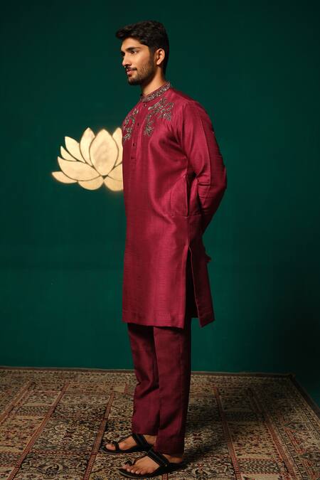 Shop_Niloufer By Aasif Ally_Maroon Silk Embroidery Zardozi Handwork Kurta And Pant Set _Online_at_Aza_Fashions