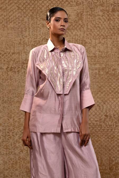 Eeda_Lilac Applique, Embroidery Collared Metallic Shirt And Wide-leg Pant Set _Online_at_Aza_Fashions