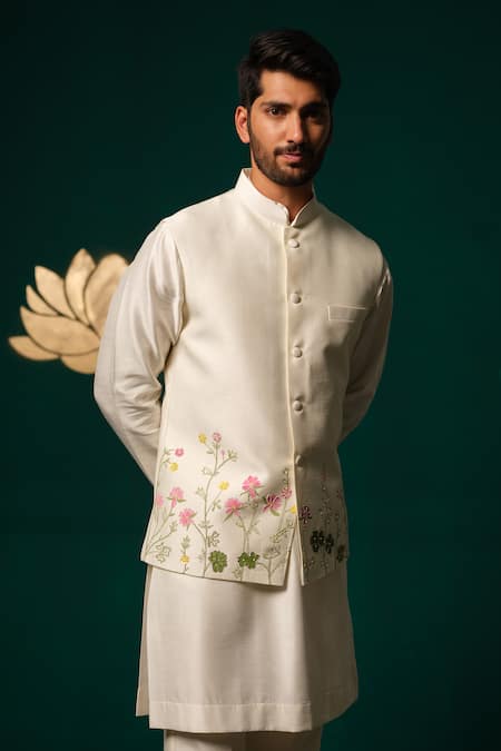 Buy_Niloufer By Aasif Ally_White Silk Embroidery, Stones Hand-painted Floral Nehru Jacket Kurta Set _Online_at_Aza_Fashions