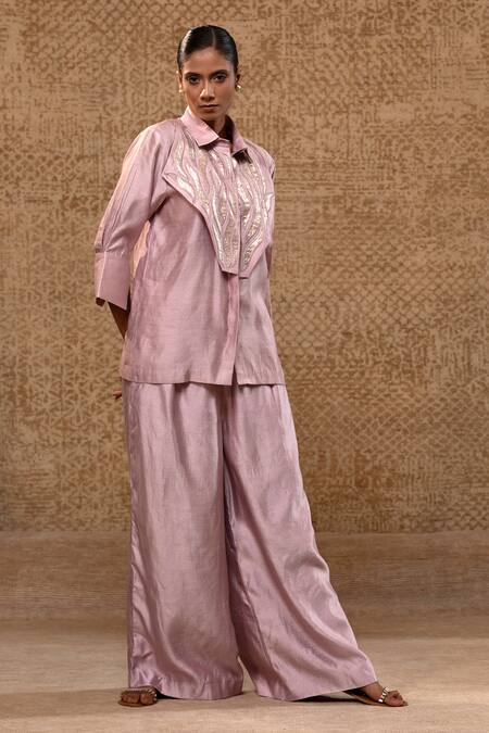 Buy_Eeda_Lilac Applique, Embroidery Collared Metallic Shirt And Wide-leg Pant Set _Online_at_Aza_Fashions