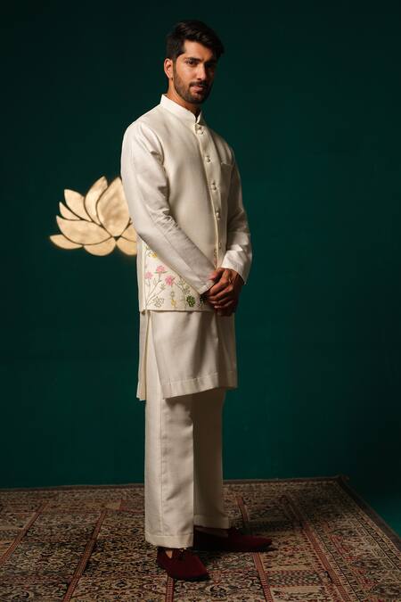 Niloufer By Aasif Ally_White Silk Embroidery, Stones Hand-painted Floral Nehru Jacket Kurta Set _at_Aza_Fashions