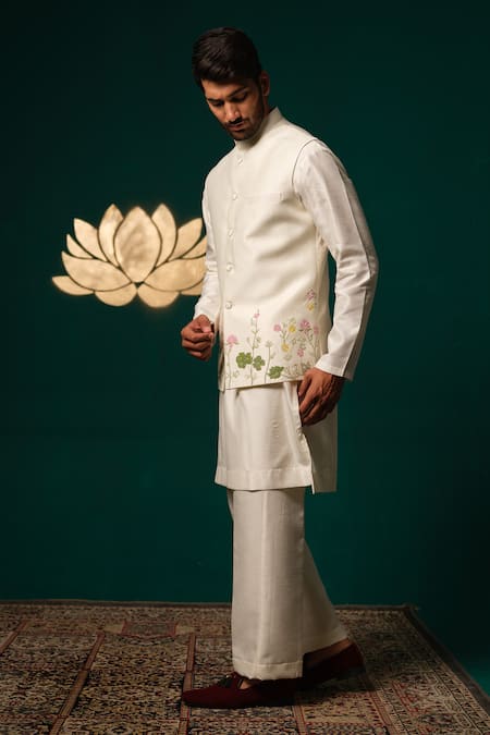 Buy_Niloufer By Aasif Ally_White Silk Embroidery, Stones Hand-painted Floral Nehru Jacket Kurta Set 