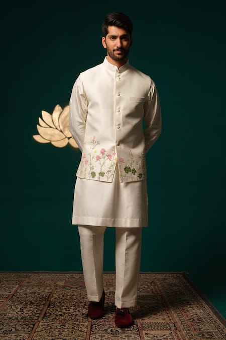 Niloufer By Aasif Ally Hand-Painted Floral Nehru Jacket Kurta Set 
