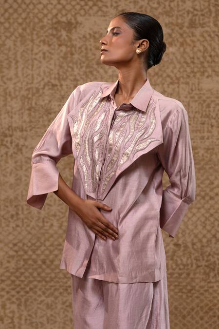 Shop_Eeda_Lilac Applique, Embroidery Collared Metallic Shirt And Wide-leg Pant Set _Online_at_Aza_Fashions