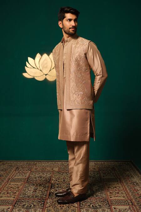 Shop_Niloufer By Aasif Ally_Brown Silk Sequins Cut Dana And Embroidered Nehru Jacket Set _Online_at_Aza_Fashions