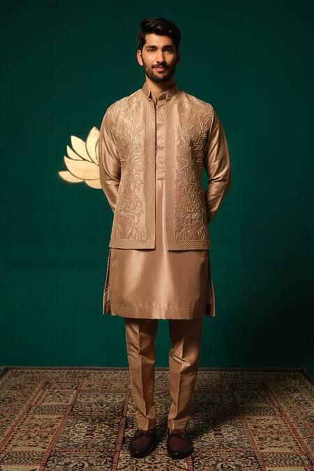 Niloufer By Aasif Ally_Brown Silk Sequins Cut Dana And Embroidered Nehru Jacket Set _at_Aza_Fashions