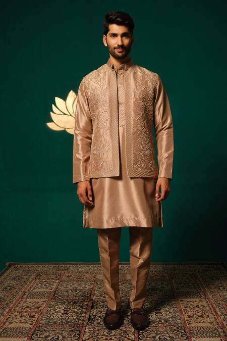 Buy_Niloufer By Aasif Ally_Brown Silk Sequins Cut Dana And Embroidered Nehru Jacket Set 