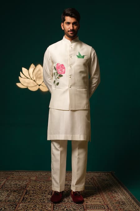 Niloufer By Aasif Ally White Silk Embroidery Hand-painted Floral Nehru Jacket Kurta Set Online at Aza Fashions Niloufer By Aasif Ally_White Silk Embroidery Hand-painted Floral Nehru Jacket Kurta Set _Online_at_Aza_Fashions