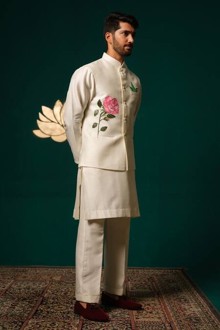 Shop Niloufer By Aasif Ally White Silk Embroidery Hand-painted Floral Nehru Jacket Kurta Set Online at Aza Fashions Shop_Niloufer By Aasif Ally_White Silk Embroidery Hand-painted Floral Nehru Jacket Kurta Set _Online_at_Aza_Fashions