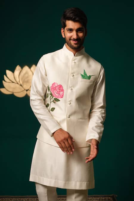 Niloufer By Aasif Ally White Silk Embroidery Hand-painted Floral Nehru Jacket Kurta Set at Aza Fashions Niloufer By Aasif Ally_White Silk Embroidery Hand-painted Floral Nehru Jacket Kurta Set _at_Aza_Fashions