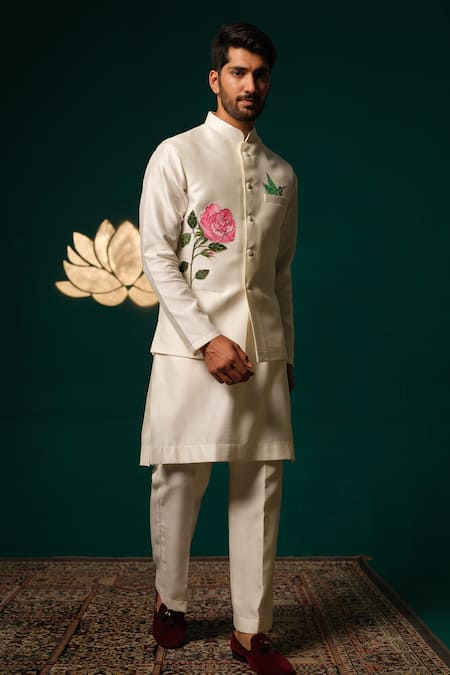 Buy Niloufer By Aasif Ally White Silk Embroidery Hand-painted Floral Nehru Jacket Kurta Set Buy_Niloufer By Aasif Ally_White Silk Embroidery Hand-painted Floral Nehru Jacket Kurta Set