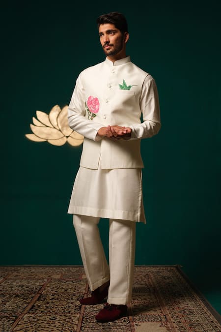 Niloufer By Aasif Ally Hand-Painted Floral Nehru Jacket Kurta Set 