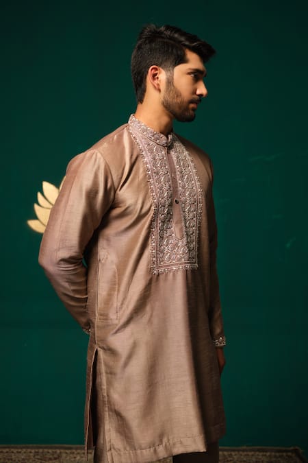 Buy_Niloufer By Aasif Ally_Brown Silk Embroidery, Stones Cut Dana And Zardozi Handwork Kurta & Pant Set _Online_at_Aza_Fashions
