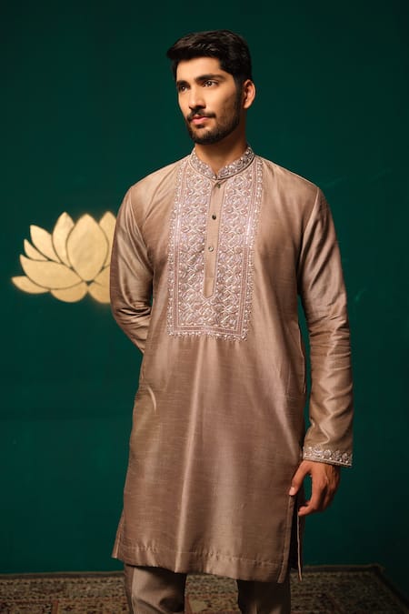Shop_Niloufer By Aasif Ally_Brown Silk Embroidery, Stones Cut Dana And Zardozi Handwork Kurta & Pant Set _Online_at_Aza_Fashions