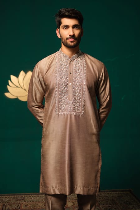 Niloufer By Aasif Ally_Brown Silk Embroidery, Stones Cut Dana And Zardozi Handwork Kurta & Pant Set _at_Aza_Fashions