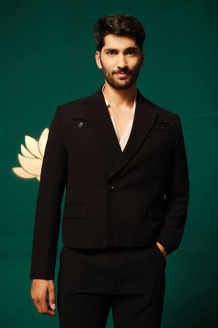 Niloufer By Aasif Ally_Black Silk Tailored Blazer And Pant Set _Online_at_Aza_Fashions