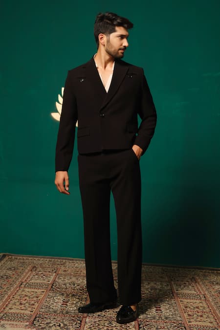 Shop_Niloufer By Aasif Ally_Black Silk Tailored Blazer And Pant Set _Online_at_Aza_Fashions