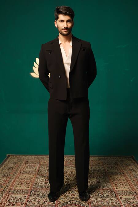 Niloufer By Aasif Ally_Black Silk Tailored Blazer And Pant Set _at_Aza_Fashions