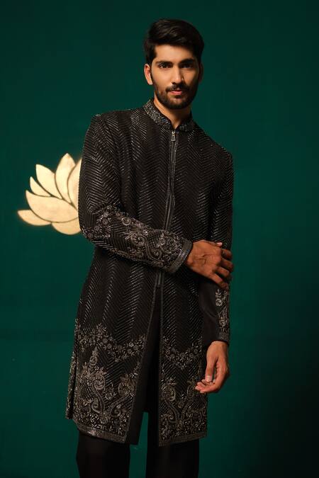 Niloufer By Aasif Ally Black Silk Embroidery, Stones Cutdana And Zardozi Sherwani & Pant Online at Aza Fashions Niloufer By Aasif Ally_Black Silk Embroidery, Stones Cutdana And Zardozi Sherwani & Pant _Online_at_Aza_Fashions