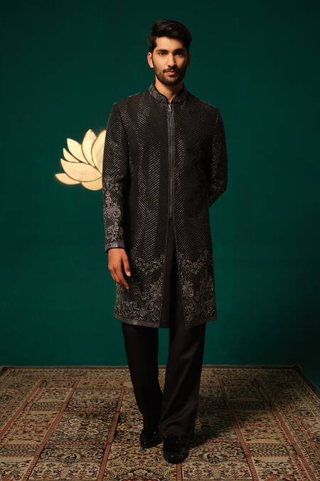 Buy Niloufer By Aasif Ally Black Silk Embroidery, Stones Cutdana And Zardozi Sherwani & Pant Online at Aza Fashions Buy_Niloufer By Aasif Ally_Black Silk Embroidery, Stones Cutdana And Zardozi Sherwani & Pant _Online_at_Aza_Fashions