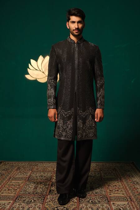 Shop Niloufer By Aasif Ally Black Silk Embroidery, Stones Cutdana And Zardozi Sherwani & Pant Online at Aza Fashions Shop_Niloufer By Aasif Ally_Black Silk Embroidery, Stones Cutdana And Zardozi Sherwani & Pant _Online_at_Aza_Fashions