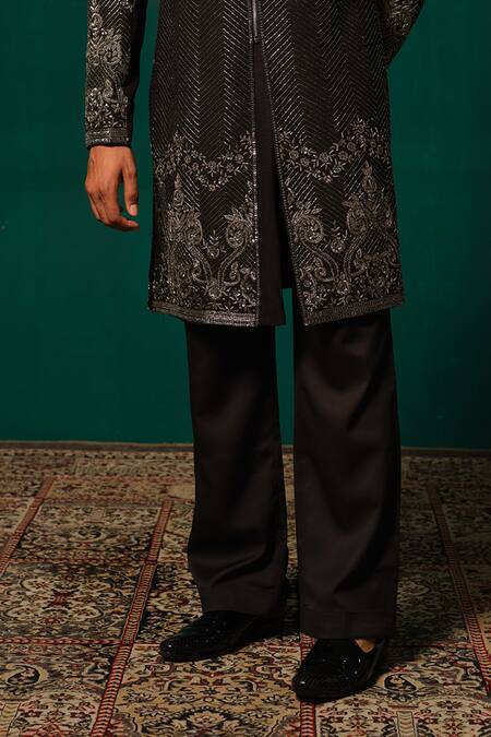 Niloufer By Aasif Ally Black Silk Embroidery, Stones Cutdana And Zardozi Sherwani & Pant at Aza Fashions Niloufer By Aasif Ally_Black Silk Embroidery, Stones Cutdana And Zardozi Sherwani & Pant _at_Aza_Fashions