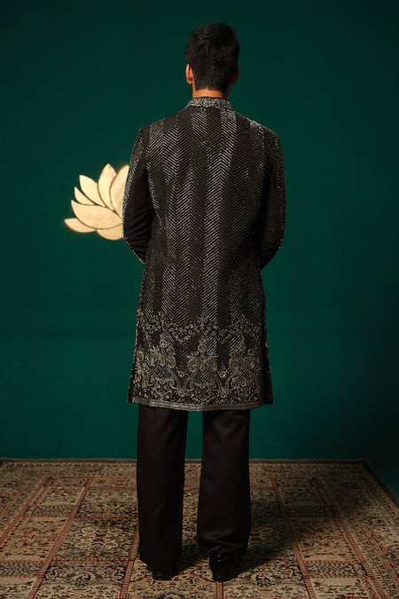 Shop Niloufer By Aasif Ally Black Silk Embroidery, Stones Cutdana And Zardozi Sherwani & Pant at Aza Fashions Shop_Niloufer By Aasif Ally_Black Silk Embroidery, Stones Cutdana And Zardozi Sherwani & Pant _at_Aza_Fashions