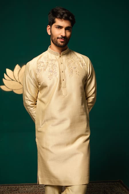 Niloufer By Aasif Ally Gold Silk Embroidery Zardozi Cutdana Handwork Kurta And Pant Set Online at Aza Fashions Niloufer By Aasif Ally_Gold Silk Embroidery Zardozi Cutdana Handwork Kurta And Pant Set _Online_at_Aza_Fashions