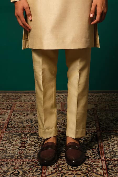 Shop Niloufer By Aasif Ally Gold Silk Embroidery Zardozi Cutdana Handwork Kurta And Pant Set Online at Aza Fashions Shop_Niloufer By Aasif Ally_Gold Silk Embroidery Zardozi Cutdana Handwork Kurta And Pant Set _Online_at_Aza_Fashions