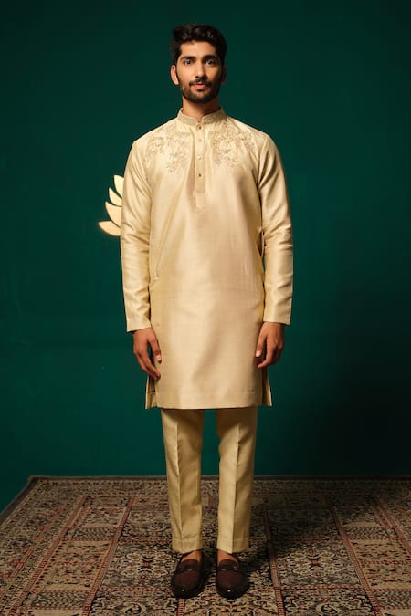 Niloufer By Aasif Ally Gold Silk Embroidery Zardozi Cutdana Handwork Kurta And Pant Set at Aza Fashions Niloufer By Aasif Ally_Gold Silk Embroidery Zardozi Cutdana Handwork Kurta And Pant Set _at_Aza_Fashions